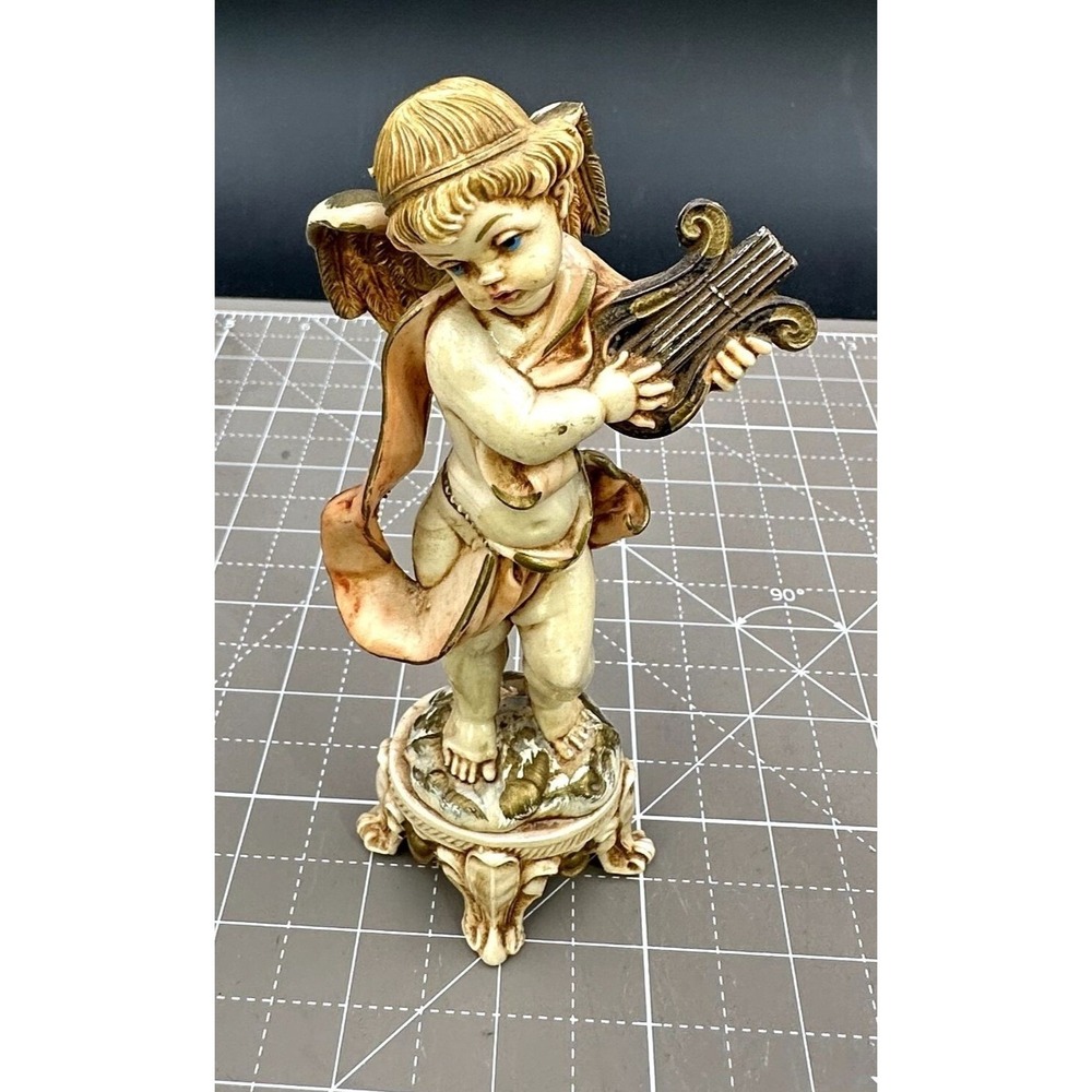 Vintage Christmas Cherub Cupid Playing Harp Figurine signed Depose Italy 6"